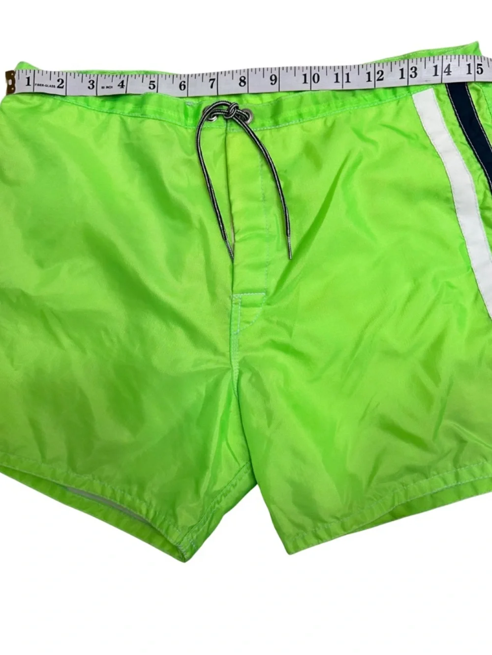Birdwell Neon Green Swim Trunks with White and Black Side Stripes